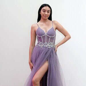 New A-Line Evening Long Mesh Gown w/ Sheer Boned Bodice & Lace Up Back JT2638G
